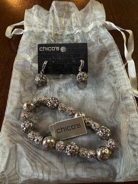 Chico's Silver Crystal Ball Bead Bracelet with Matching Earrings